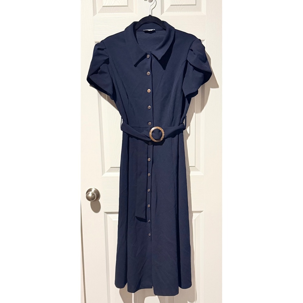 Calvin Klein Navy Blue Button Front Belted Midi Dress Tulip Sleeve RN 54163